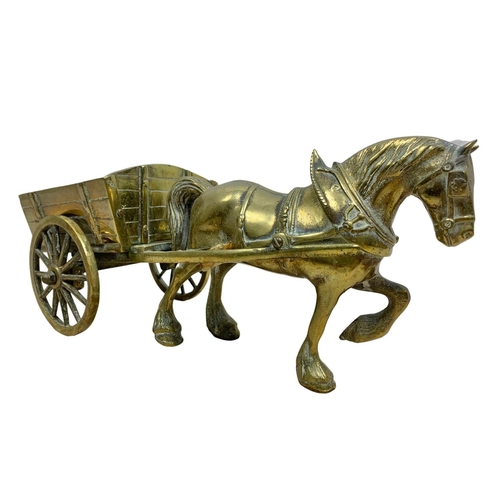 115 - Large vintage heavy brass horse and cart. 41cm