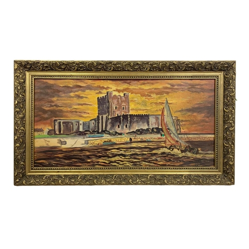 131 - Large oil painting by R. W. Young in a gilt frame. Carrickfergus Castle. Painting measures 76 x 38cm... 