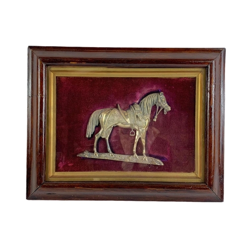 143 - A pair of Victorian shadow box framed brass horses. 46.5 x 36cm.