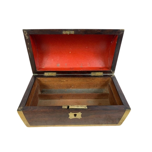 148 - Victorian rosewood dome top brass bound stationary box. 19.5 x 10 x 10cm