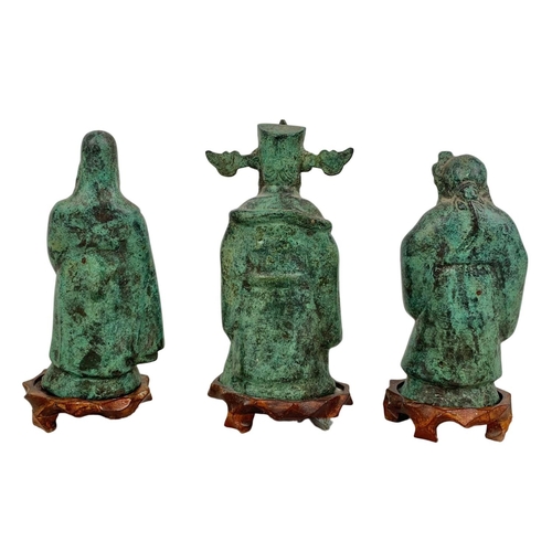 156 - 3 vintage bronze Chinese God figures on carved wooden bases. 17.5cm