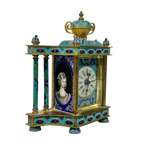 157 - 18th century style cloisonné mantle clock in box. Clock measures 21 x 23cm.