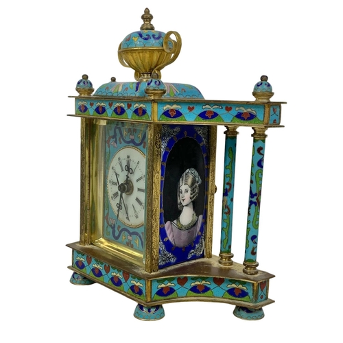 157 - 18th century style cloisonné mantle clock in box. Clock measures 21 x 23cm.