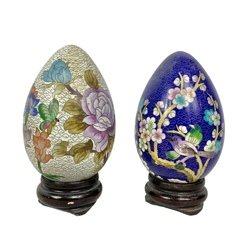 160 - 4 large cloisonné eggs on wooden bases. 20cm