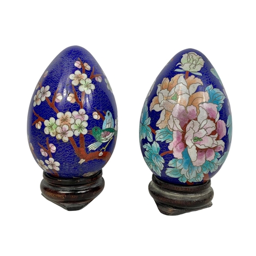 160 - 4 large cloisonné eggs on wooden bases. 20cm