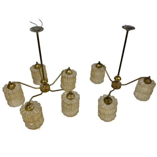 185 - 2 matching vintage brass chandeliers with glass shades. Largest 49 x 51cm