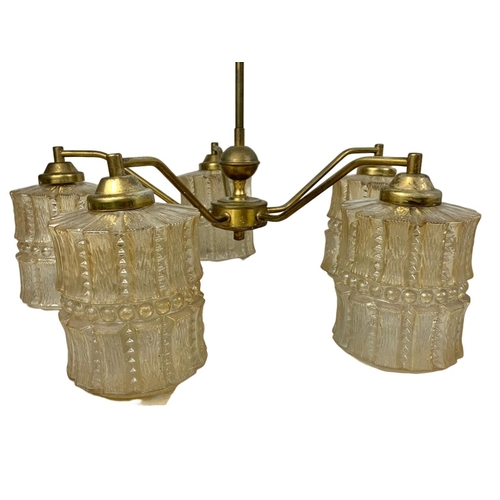 185 - 2 matching vintage brass chandeliers with glass shades. Largest 49 x 51cm