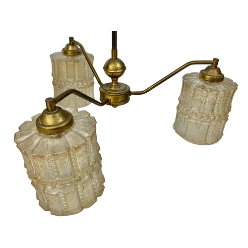 185 - 2 matching vintage brass chandeliers with glass shades. Largest 49 x 51cm