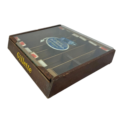 193 - A vintage Gillette razor blades barbers shop display case. 33 x 29 x 6cm