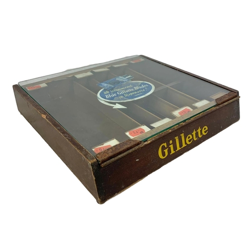 193 - A vintage Gillette razor blades barbers shop display case. 33 x 29 x 6cm