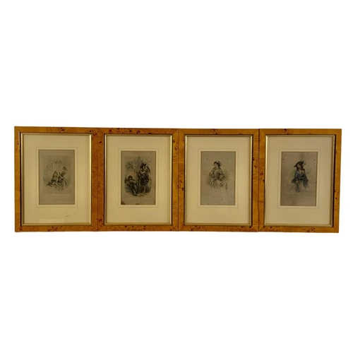 24 - Set of 4 Georgian coloured engravings in later birdseye maple frames. “Dolly Warden, Emma Haredale, ... 