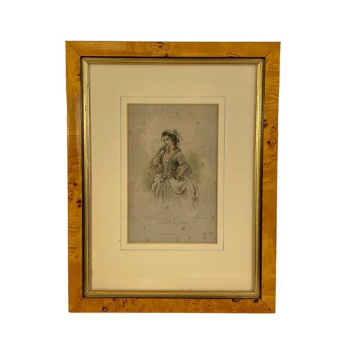 24 - Set of 4 Georgian coloured engravings in later birdseye maple frames. “Dolly Warden, Emma Haredale, ... 