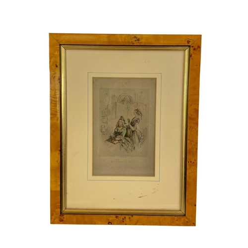 24 - Set of 4 Georgian coloured engravings in later birdseye maple frames. “Dolly Warden, Emma Haredale, ... 