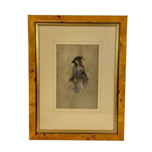 24 - Set of 4 Georgian coloured engravings in later birdseye maple frames. “Dolly Warden, Emma Haredale, ... 