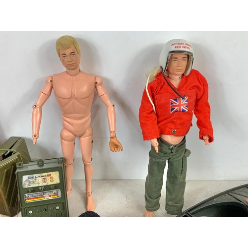 270b - Vintage Action Man figures and accessories. Including weapons, clothes, plastic boat, blowup boat an... 