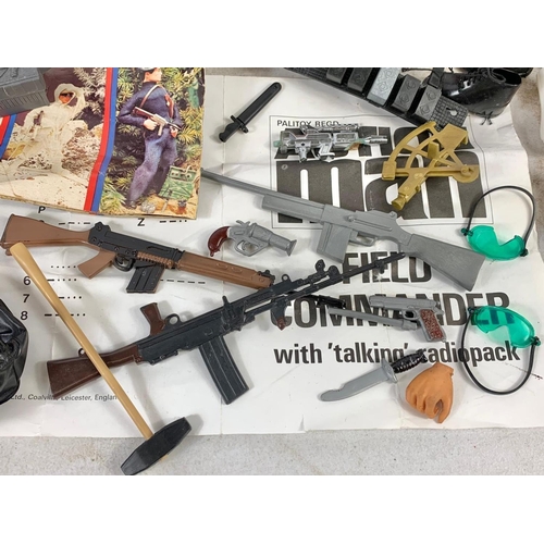 270b - Vintage Action Man figures and accessories. Including weapons, clothes, plastic boat, blowup boat an... 