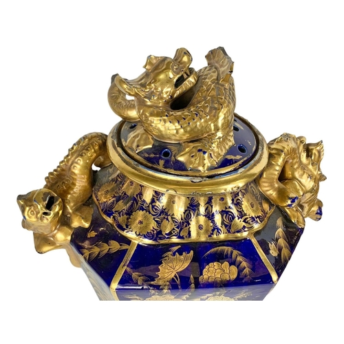 3 - Pair of large Victorian colt blue and gilt urns. With Chinese dragon design. 37 x 55cm