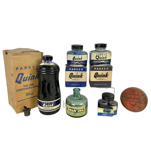 308 - Vintage Parker Quink ink bottles with boxes and 2 vintage draftsman sets. Large Ink bottle full.