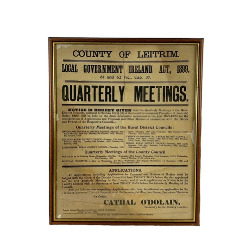 310 - An early 20th century County of Leitrim Local Government Act 1899 Quarterly Meetings poster. Dated 1... 