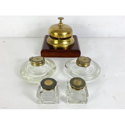 32 - 4 19th early 20th century inkwells Patent London and a brass reception desk bell