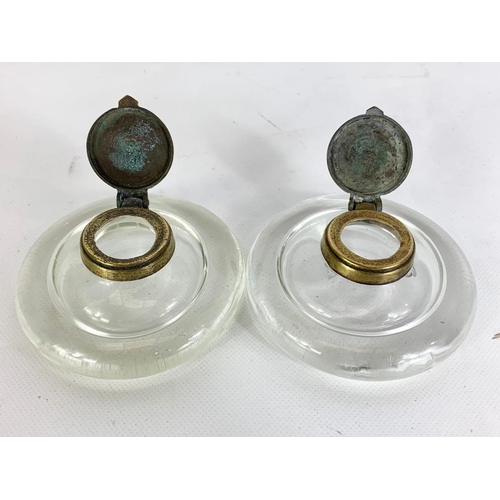 32 - 4 19th early 20th century inkwells Patent London and a brass reception desk bell