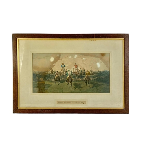 333 - Large Edwardian oak framed horse racing print “Green Sleeve Lead The Way” 96.5 x 65.5cm