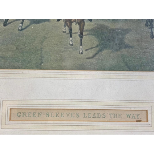 333 - Large Edwardian oak framed horse racing print “Green Sleeve Lead The Way” 96.5 x 65.5cm