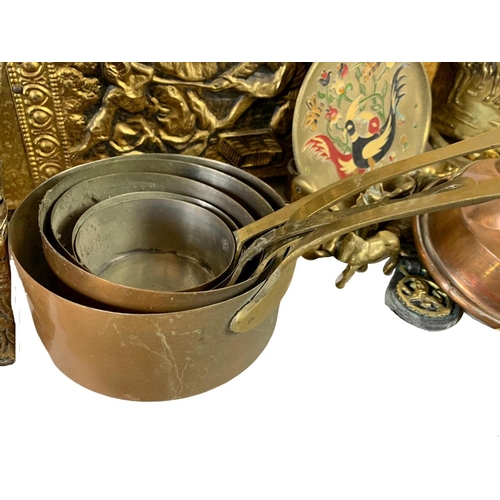 352 - Large quantity of brass and copper ware. Including a brass coal box 44cm, a brass coal scuttle, 2 br... 