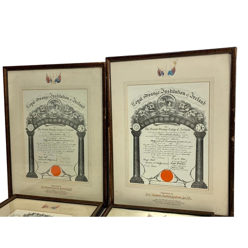 354 - 4 vintage Orange Lodge certificates. 50 x 66cm.