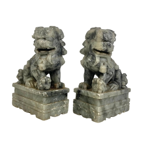 36 - Pair of Chinese alabaster Foo Lions. 11.5 x 18cm.