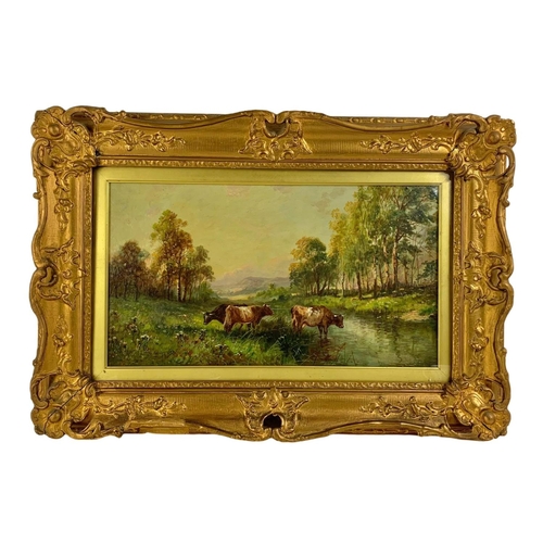 4 - An oil painting by Thomas Sidney Cooper, 1803-1902, “Highland Cattle By The River” in an ornate gilt... 