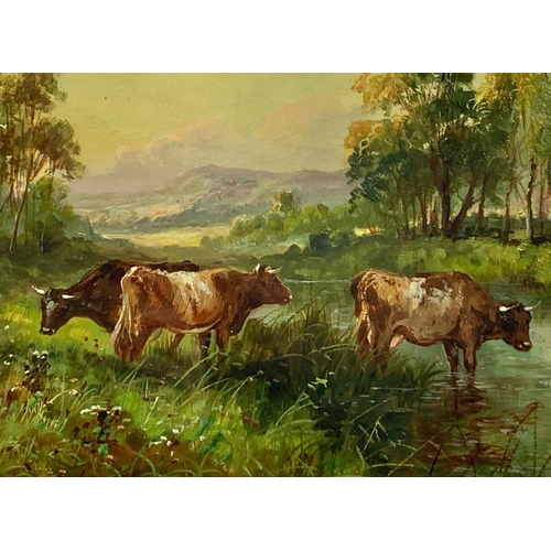 4 - An oil painting by Thomas Sidney Cooper, 1803-1902, “Highland Cattle By The River” in an ornate gilt... 