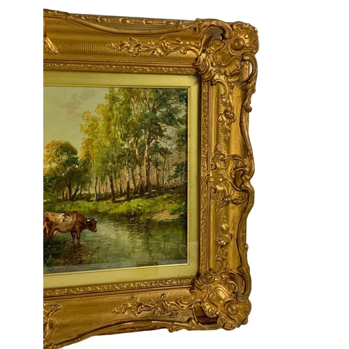 4 - An oil painting by Thomas Sidney Cooper, 1803-1902, “Highland Cattle By The River” in an ornate gilt... 