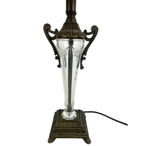 430 - Ornate table lamp with glass base. Base measures 48cm. Lamp measures 61.5cm