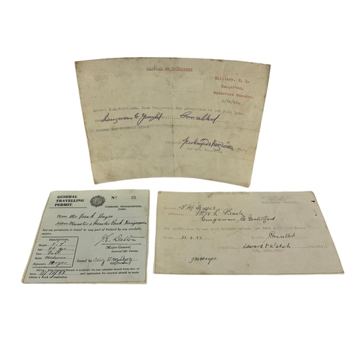 44 - 3 early 20th century Irish General Travelling Permits. Including 1 signed by Major General James Emm... 