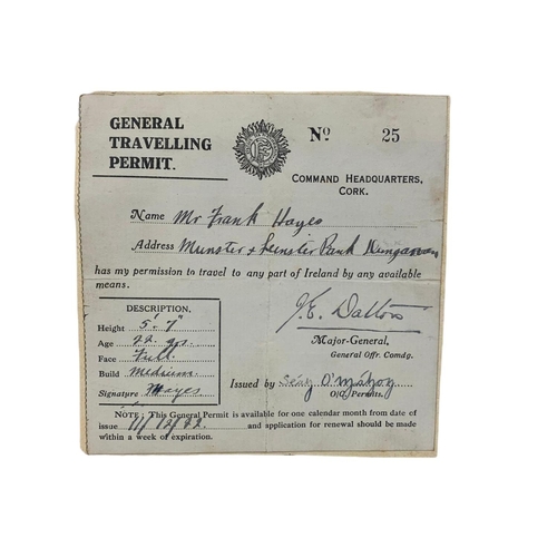 44 - 3 early 20th century Irish General Travelling Permits. Including 1 signed by Major General James Emm... 