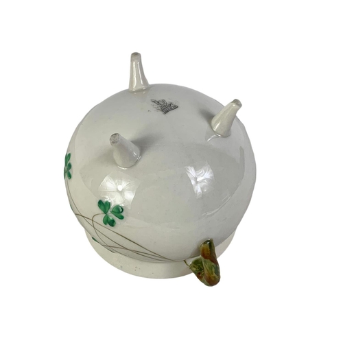 459 - 2nd period Belleek pottery shamrock 3 legged sugar pot. 15 x 10.5cm