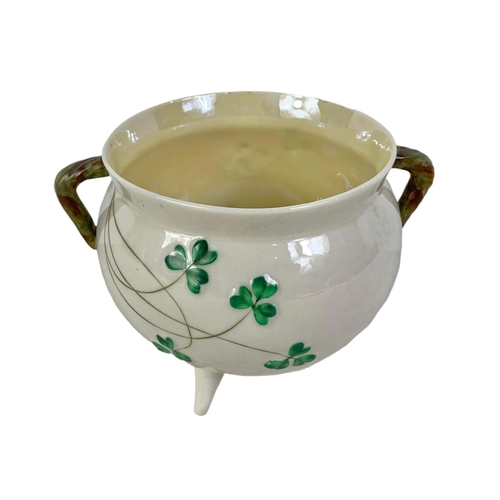 459 - 2nd period Belleek pottery shamrock 3 legged sugar pot. 15 x 10.5cm