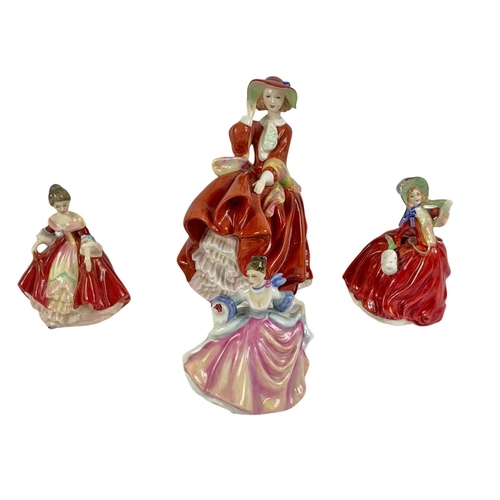 477 - 4 Royal Doulton pottery figurines. Top O’The Hill, Autumn Breezes, Southern Bell and Rebecca. Larges... 