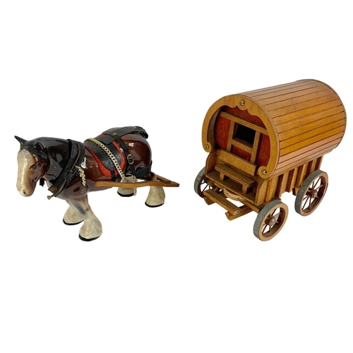 481 - Pottery shire horse and cart. 58cm