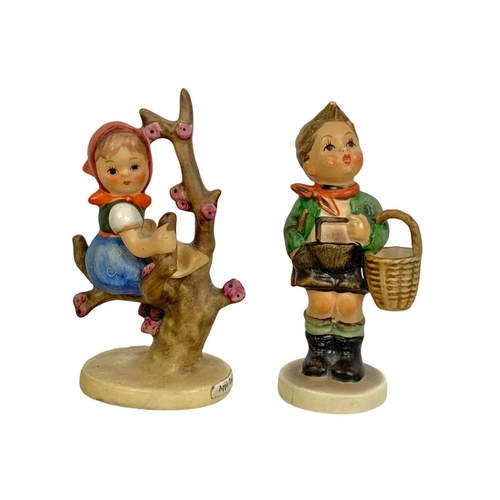 496 - 2 vintage M. J. Hummel Goebel pottery figures “Apple Tree Girl 141, Village Boy 51 3/0.” 10cm