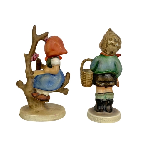 496 - 2 vintage M. J. Hummel Goebel pottery figures “Apple Tree Girl 141, Village Boy 51 3/0.” 10cm