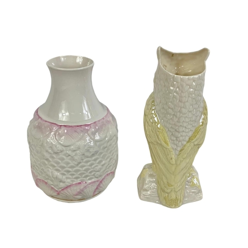 508 - Belleek pottery owl and vase. 21cm