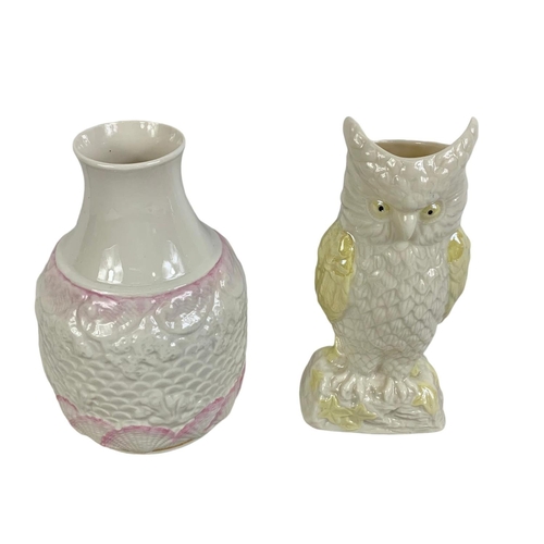 508 - Belleek pottery owl and vase. 21cm