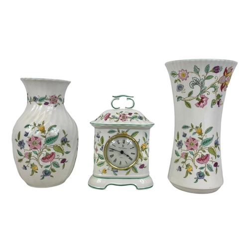 521 - 3 pieces of Minton porcelain “Haddon Hall” clock measures 12.5 x 18cm. Larger vase 23.5cm.