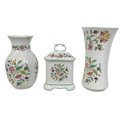 521 - 3 pieces of Minton porcelain “Haddon Hall” clock measures 12.5 x 18cm. Larger vase 23.5cm.