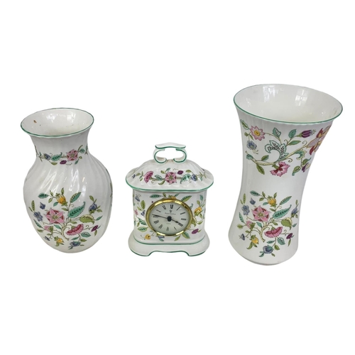 521 - 3 pieces of Minton porcelain “Haddon Hall” clock measures 12.5 x 18cm. Larger vase 23.5cm.