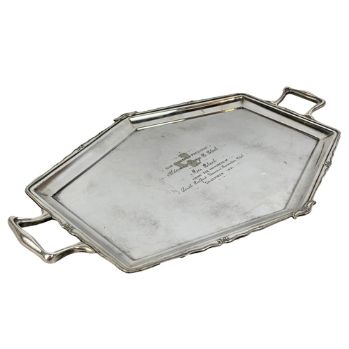 563 - A 1930’s silver plated tray gifted to the president of the South Belfast Unionist Recreation Club. D... 