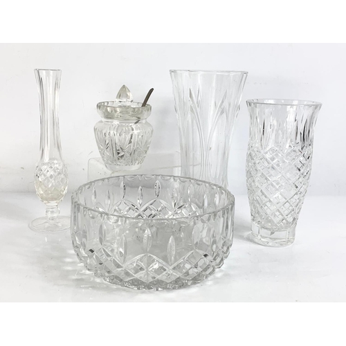 576 - 5 pieces of crystal. Including a Waterford rose vase 23.5cm. Bowl measures 20 x 9cm