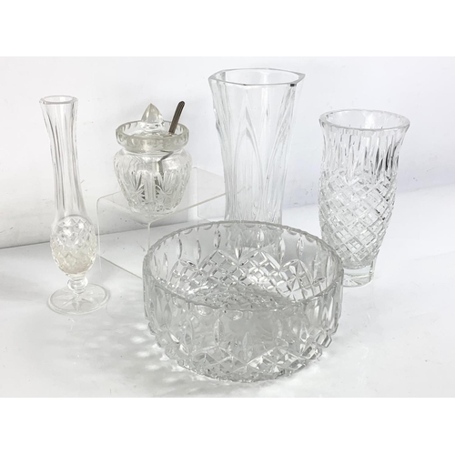 576 - 5 pieces of crystal. Including a Waterford rose vase 23.5cm. Bowl measures 20 x 9cm